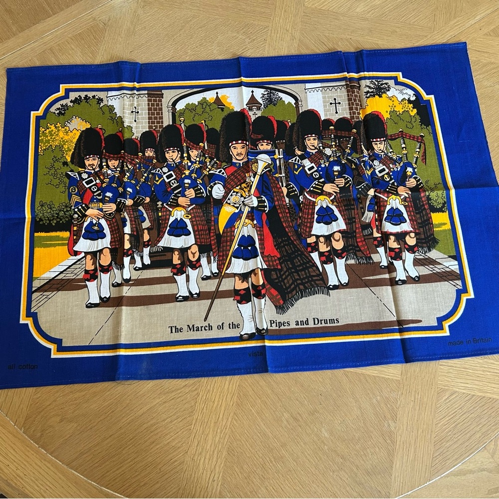 Vintage Scottish Tea Towel‎ With March of the Pipes and Drums Linen